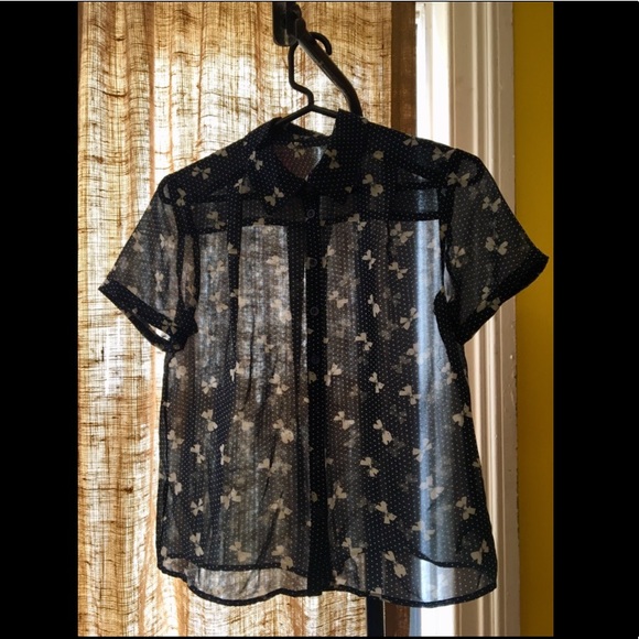 Sheer Navy Button Up Blouse with Bows + Polka Dots - Picture 5 of 8